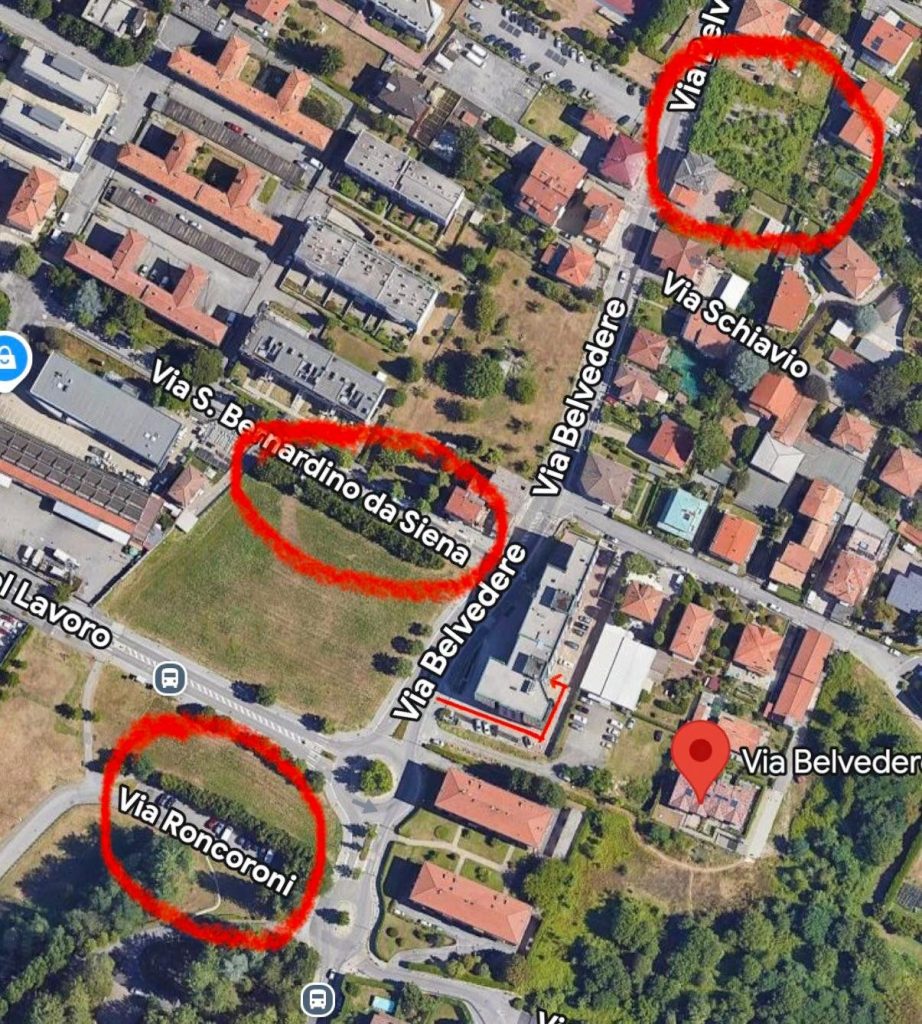 Mappa con le vie in cui parcheggiare: Via Roncoroni, Via San Bernardino da Siena, Via Schiavio